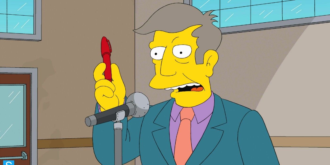 Principal Skinner holding a red pen while talking into a mic in The Simpsons.