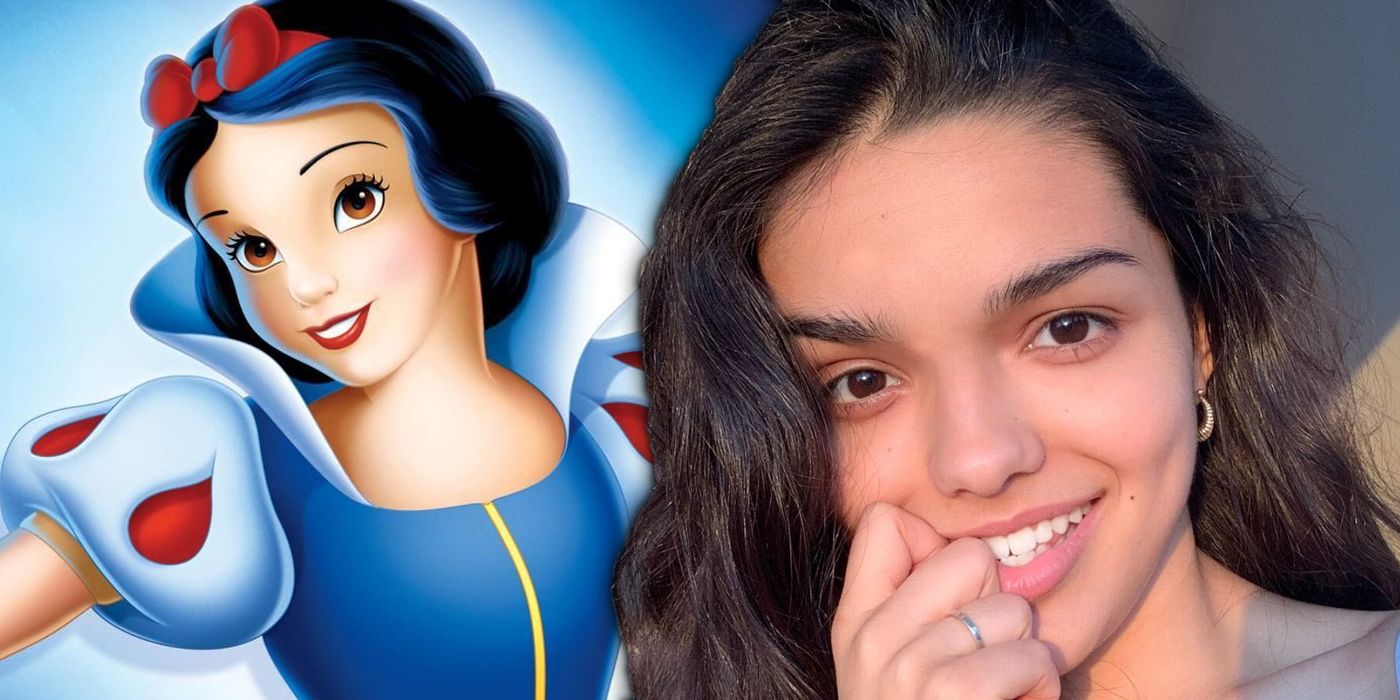 An image of Disney's animated Snow White next to actor Rachel Zegler.