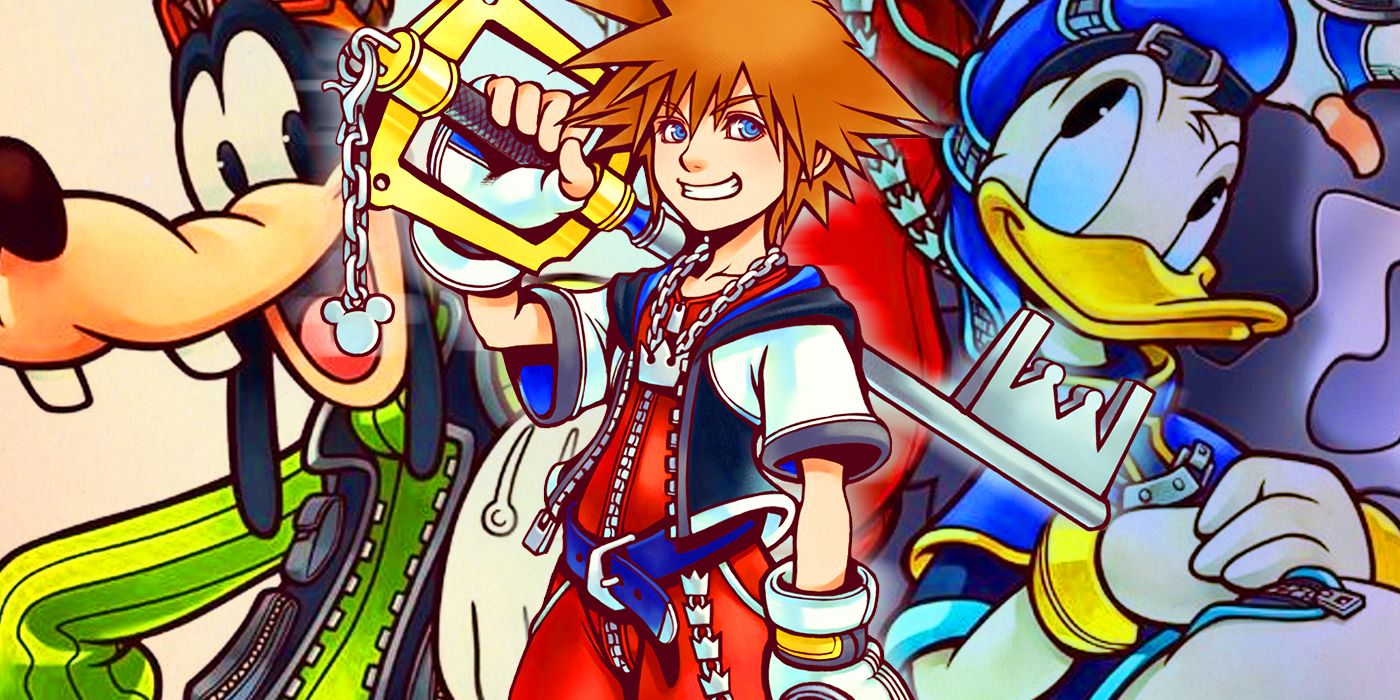 sora in front of goofy and donald from kingdom hearts