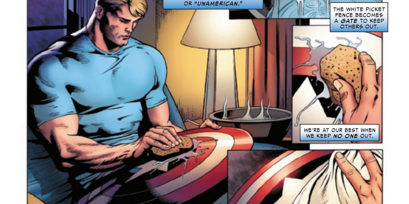 Steve Rogers cleaning Captain America shield
