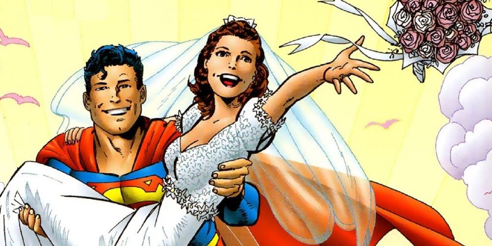 Lois Lane tossing her bouquet from Supermans arms