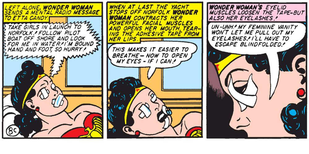 Wonder Woman with tape over her eyes and mouth