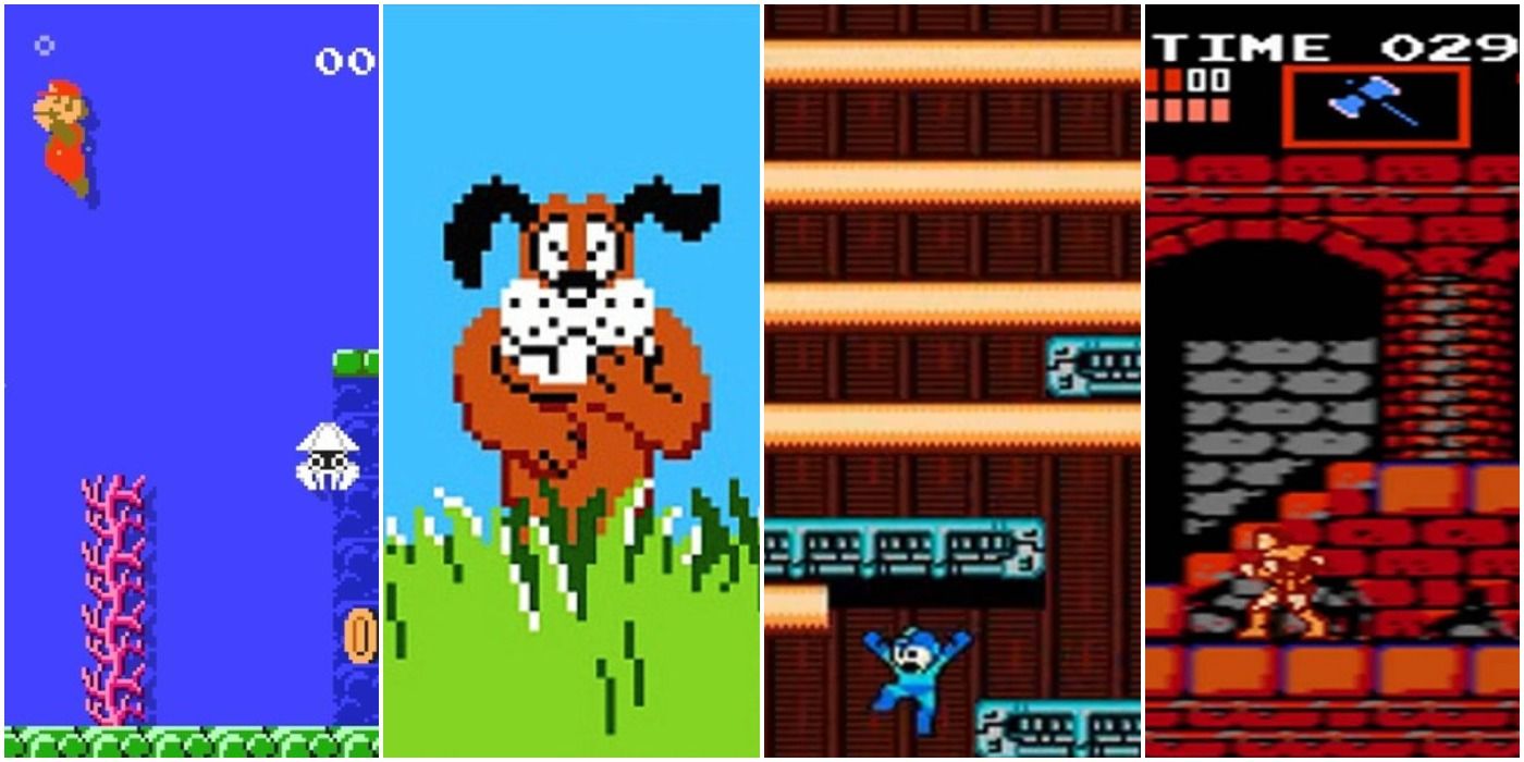 world 2-2 from super mario bros, hunting dog from duck hunt, mega man dodging force beams, and nes castlevania