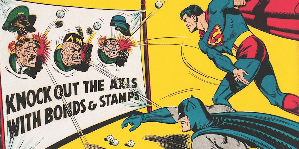 Batman and Superman throwing baseballs at racist caricatures