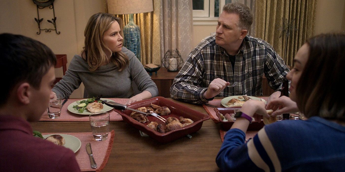 Elsa and Doug looking concerned at the dinner table in Atypical