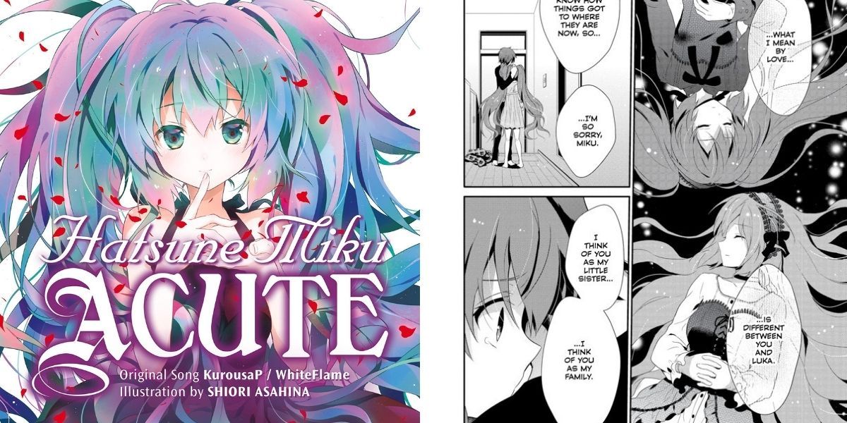 Left image features manga cover for Hatsune Miku Acute; right image features Miku, Kaito, and Luka