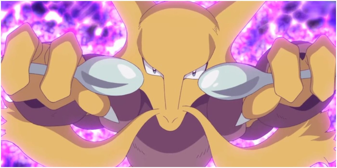 Alakazam usando seus poderes psíquicos no anime Pokémon