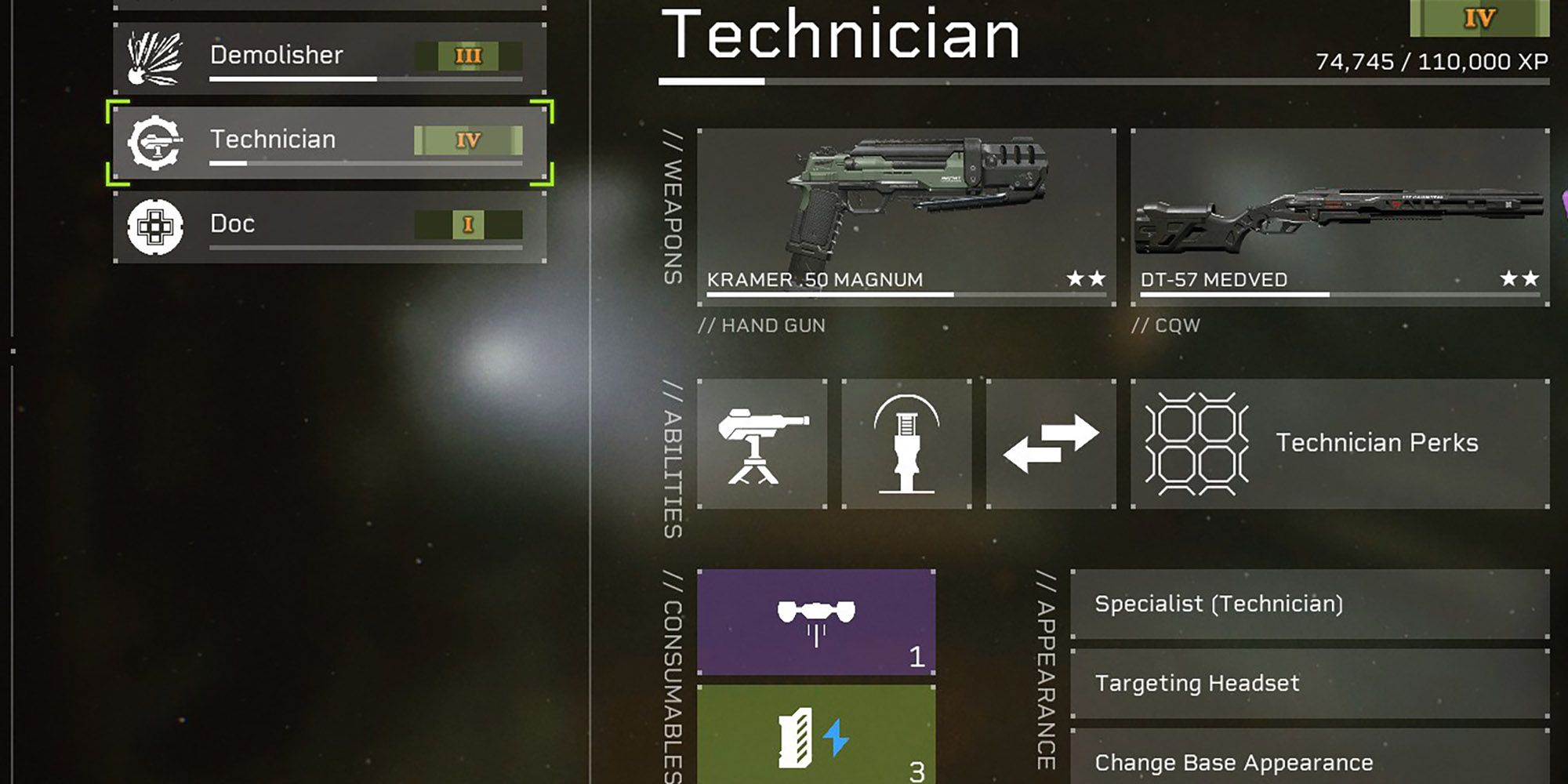 A Technician loadout screen with its weapons.