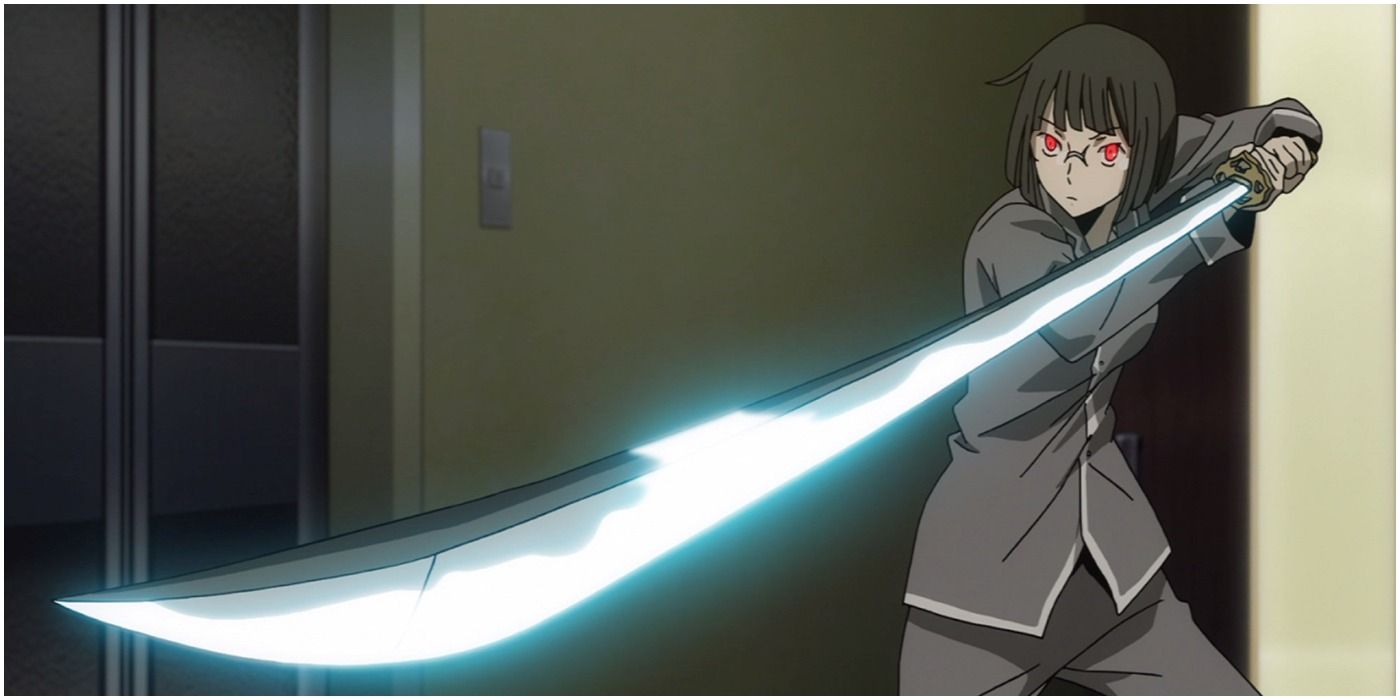 Anri Sonohara holds the sword, Saika, in battle stance