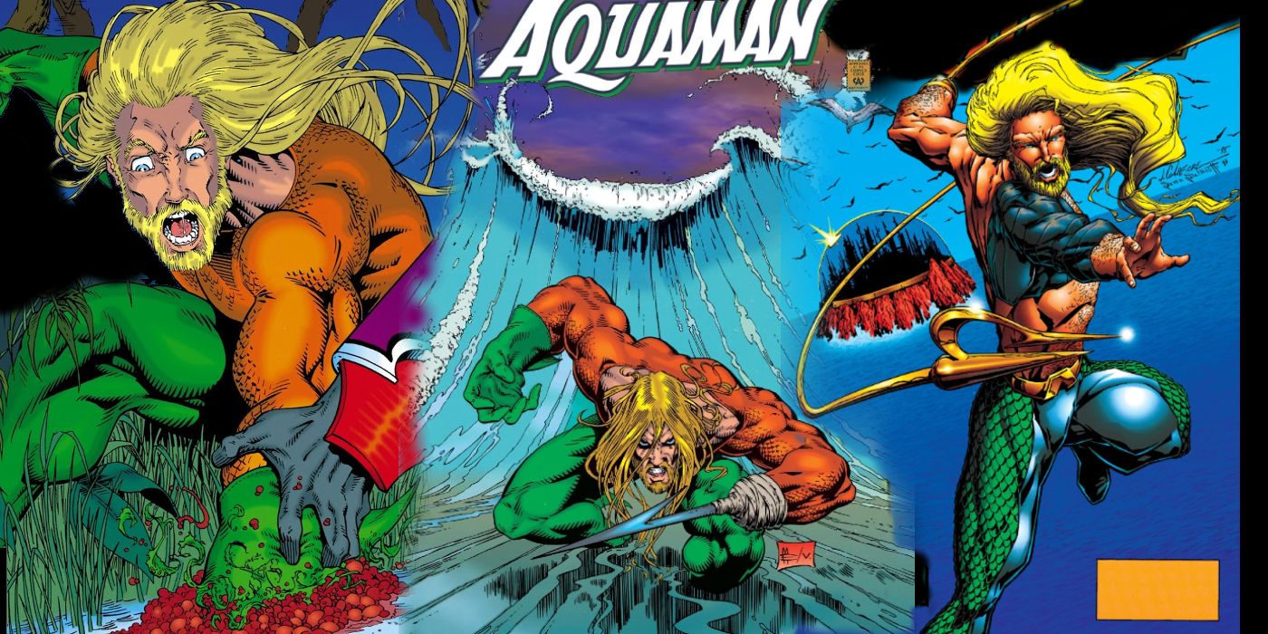 Uma imagem dividida de Aquaman na DC Comics na versão de Peter David de 1994 sobre o personagem