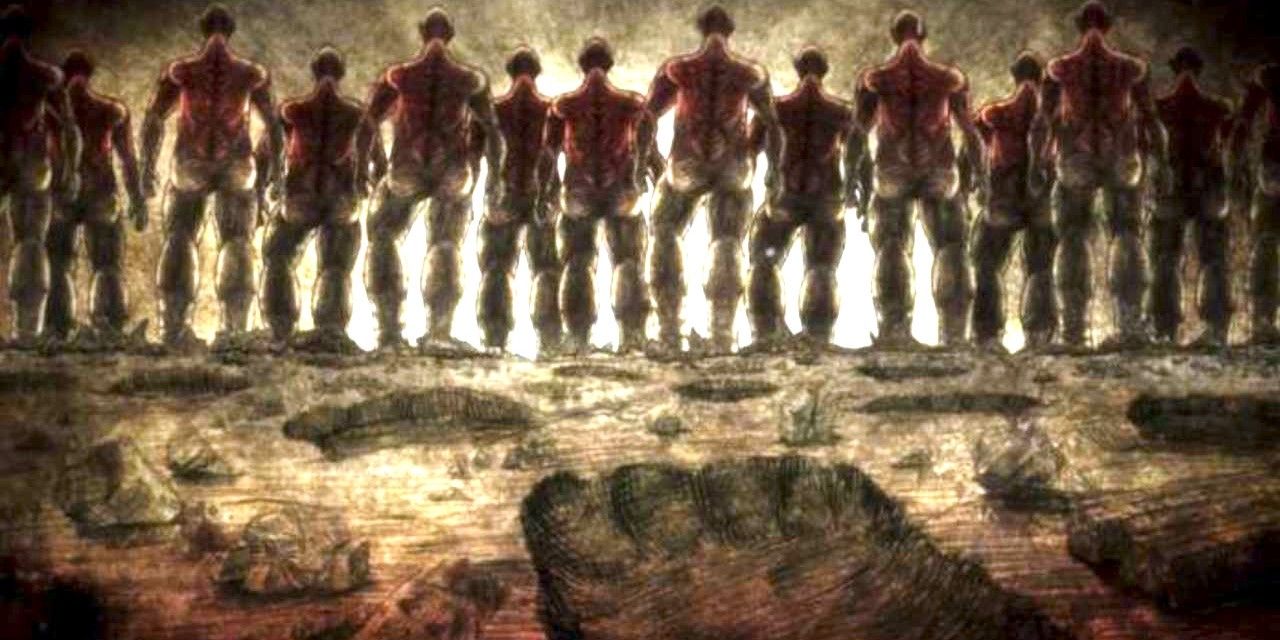 The Wall Titans awaken and commence Rumbling in Attack on Titan.