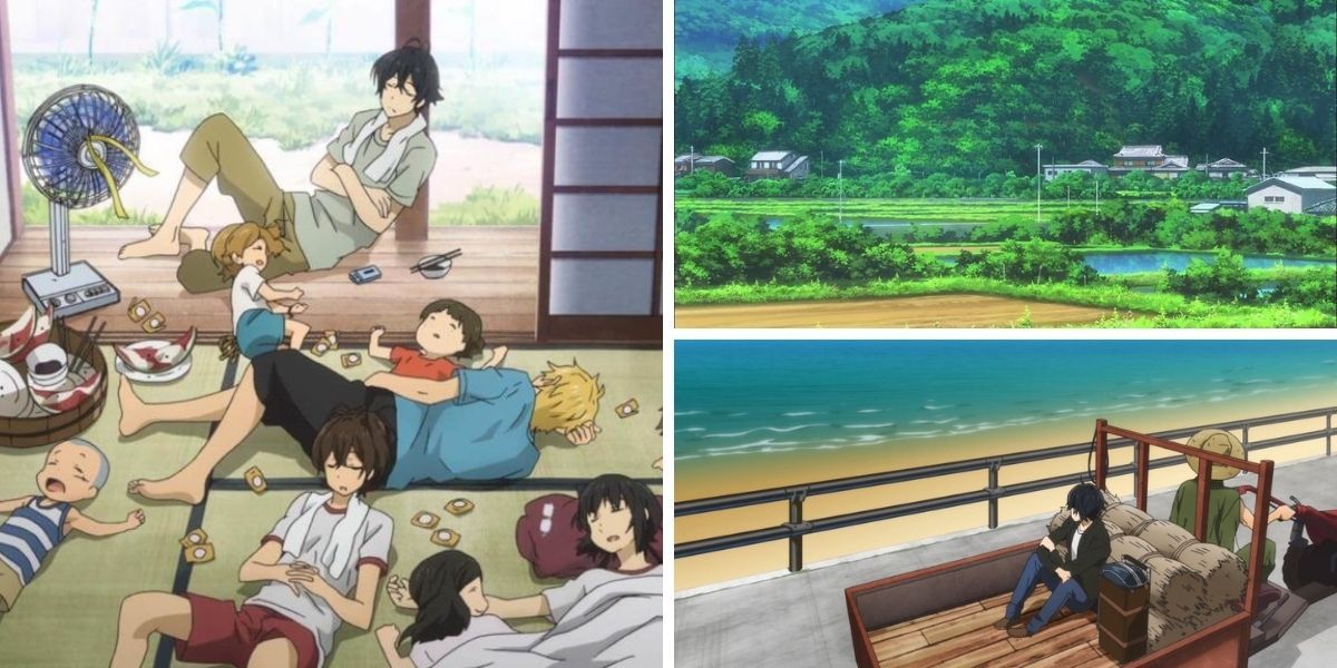 Left image is Seishu with the Goto Village children; top right image features the Goto Islands, bottom right features Seishu riding through the village on a truck