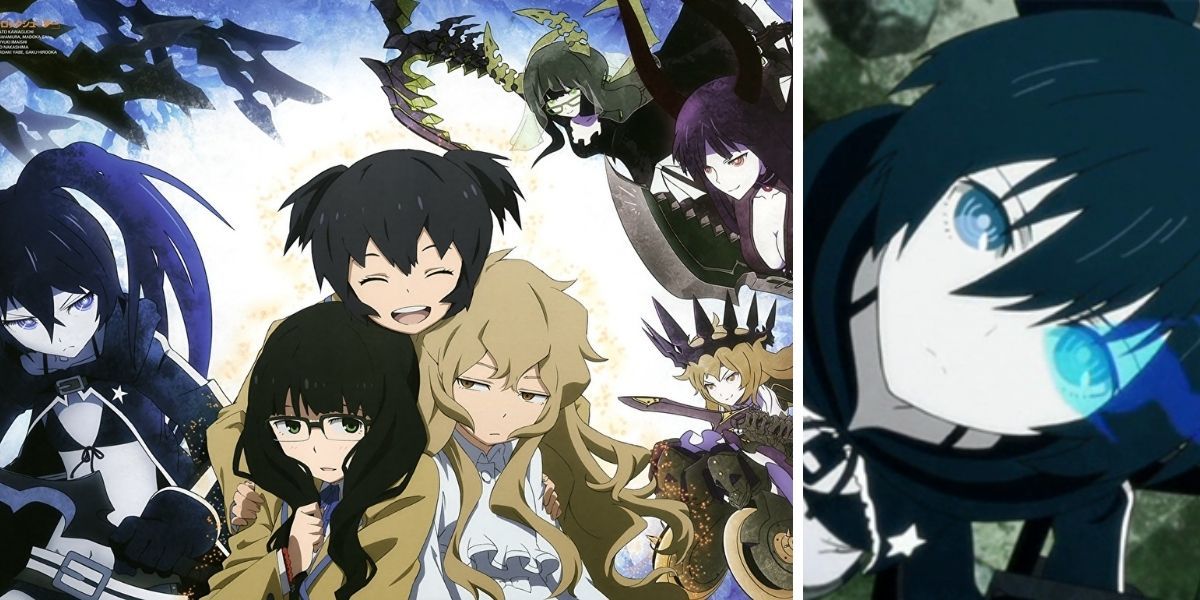 Left image features Mato, Yomi, and Yuu; right image features Black Rock Shooter