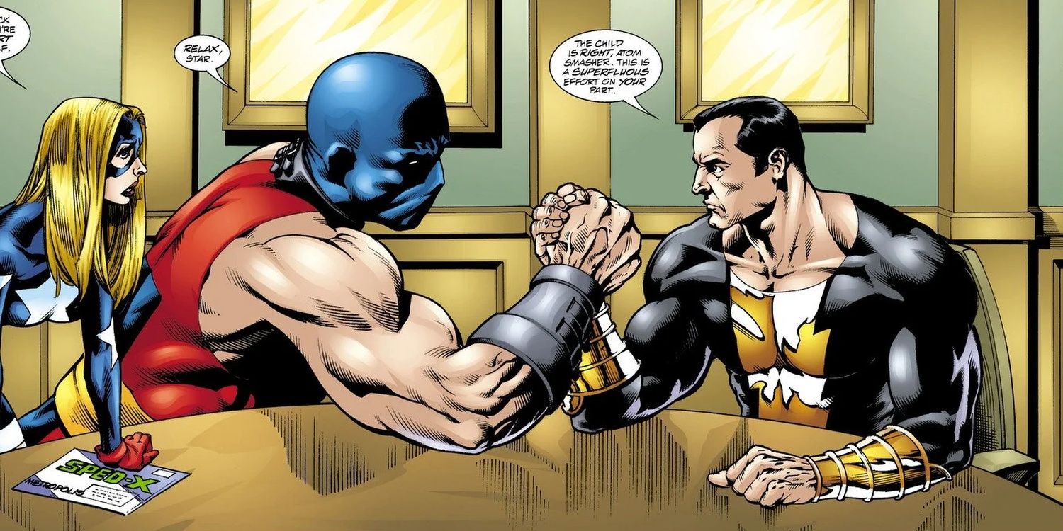 Black Adam and Atom Smasher arm-wrestling