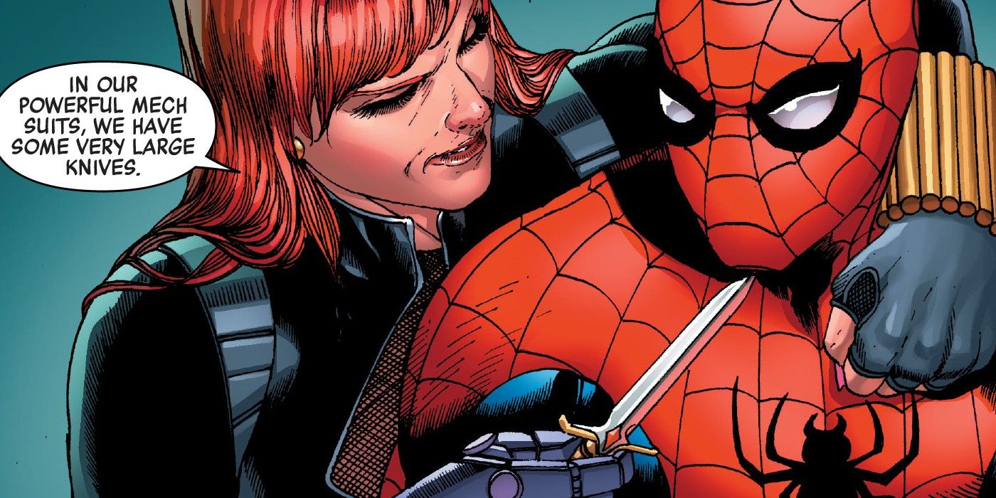 Black Widow with a knife to Spider-Man in Avengers Mech Strike