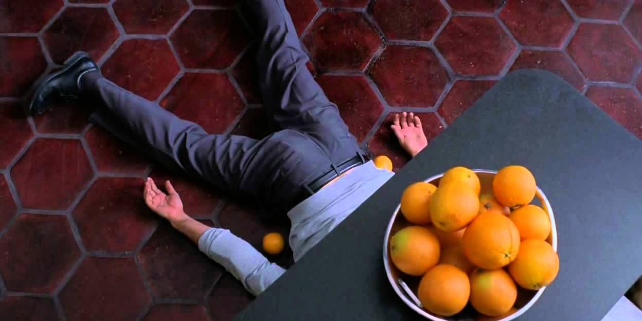 Ted laying crumpled among oranges in Breaking Bad.