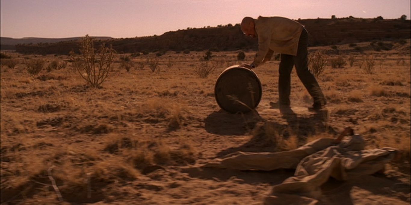 Walter White rolling his barrel of money in Ozymandias Breaking Bad episode.