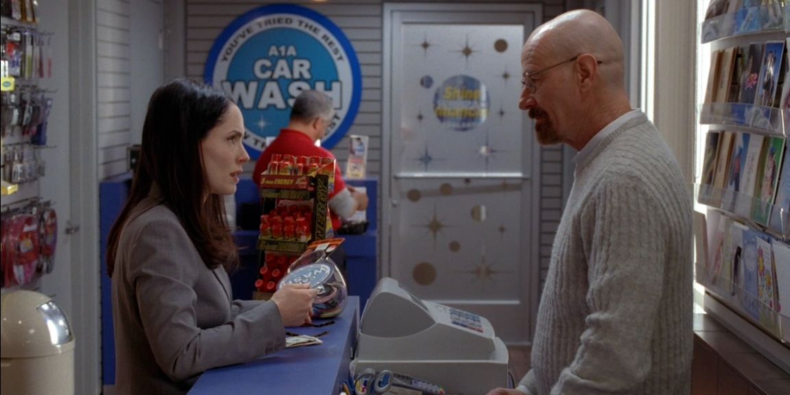 Lydia Rodarte-Quayle talking to Walter White at the car wash in Breaking Bad.