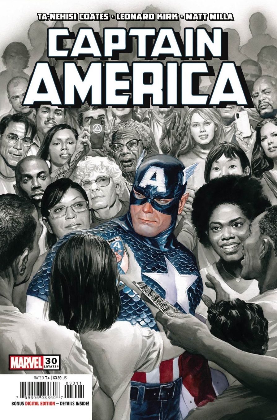 Cover to Captain America 30 by Alex Ross, featuring Cap against a crowd of gathered civilians