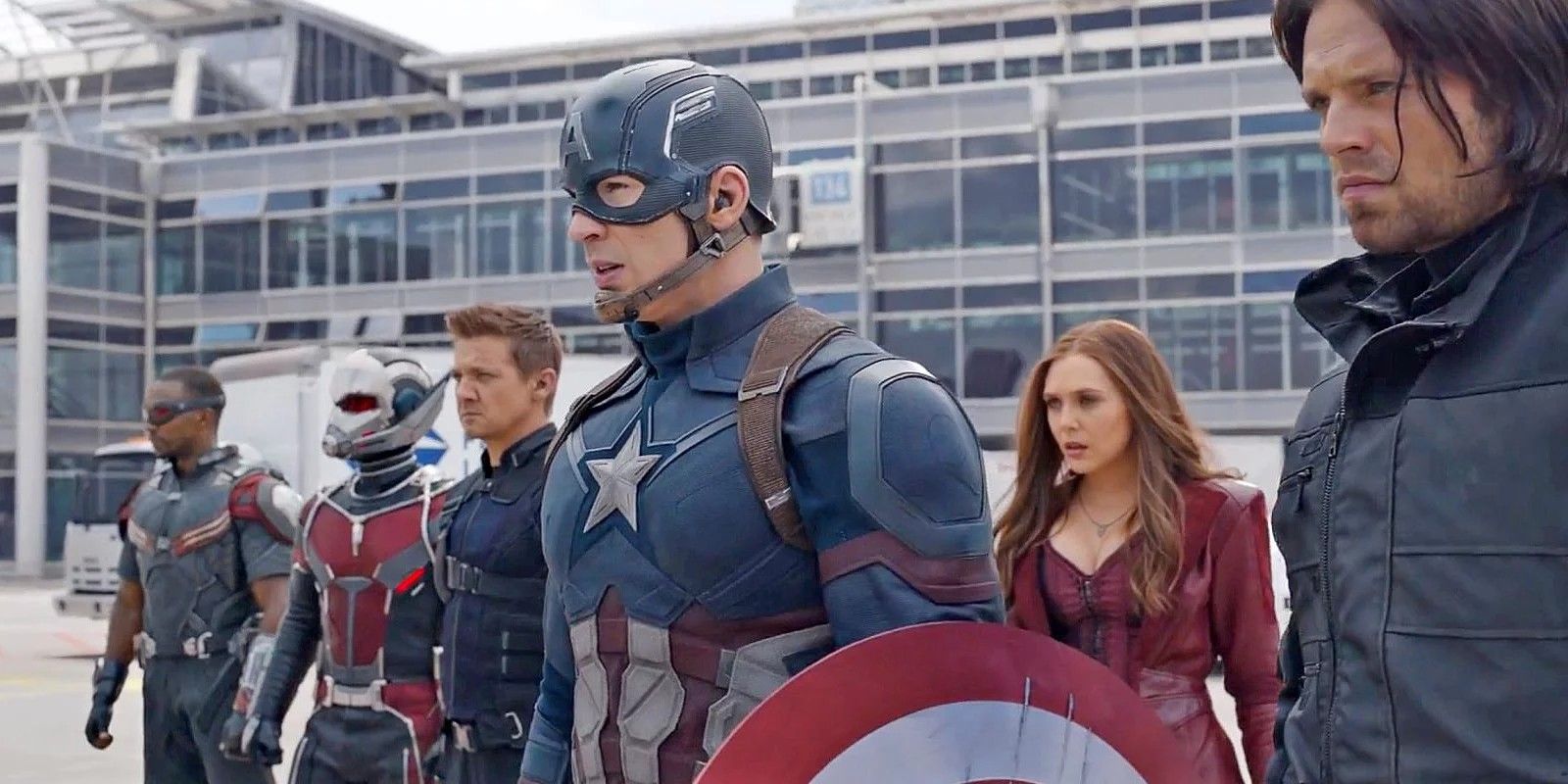 Captain America and his allies are stood in a line, looking over to the opposition