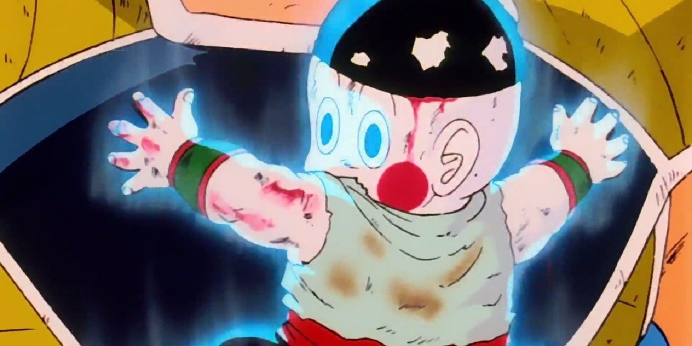 Chiaotzu prepares to self-destruct while he clings to Nappa in Dragon Ball Z