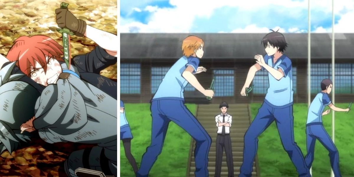 Left image features Nagisa and Karma; right image features 3-E students training