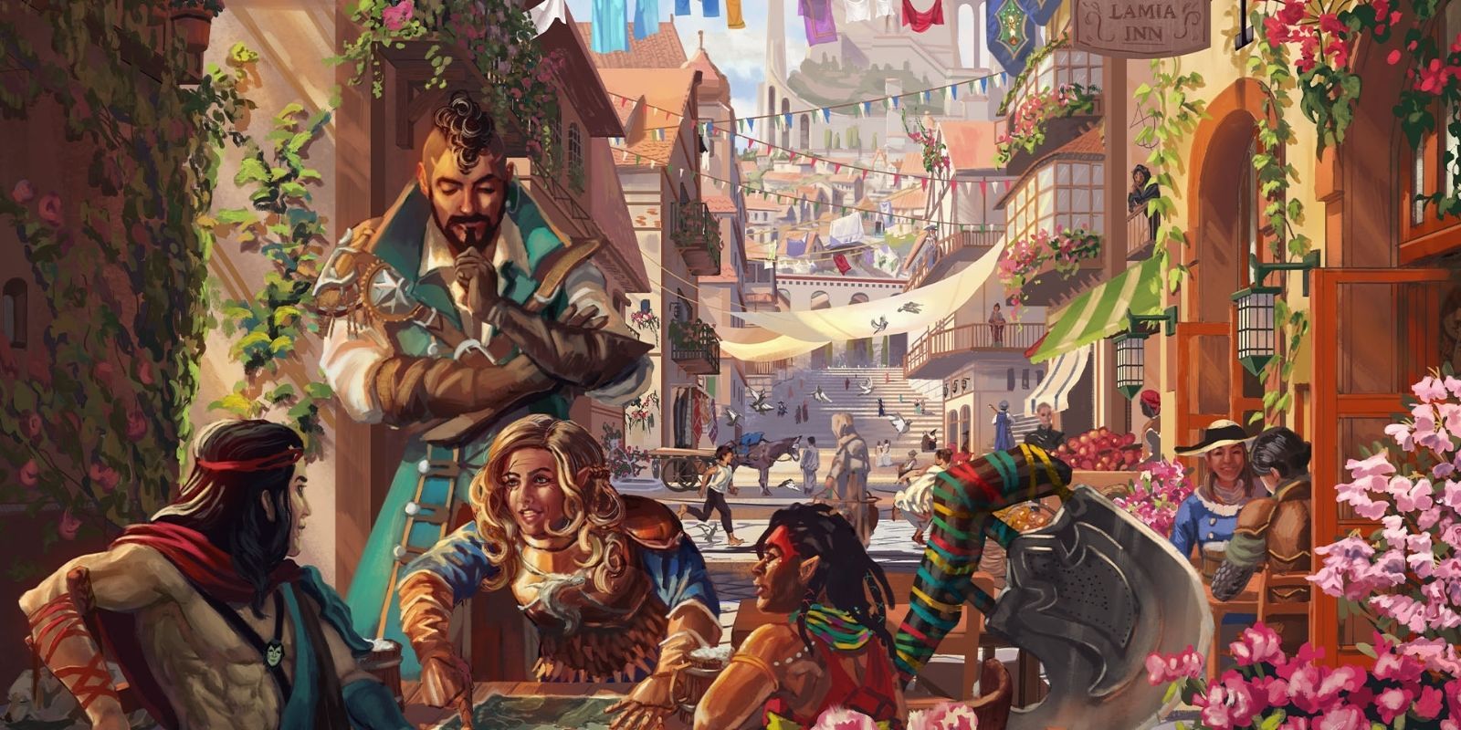 A variety of Critical Role characters sitting around a table in busy, colorful street.