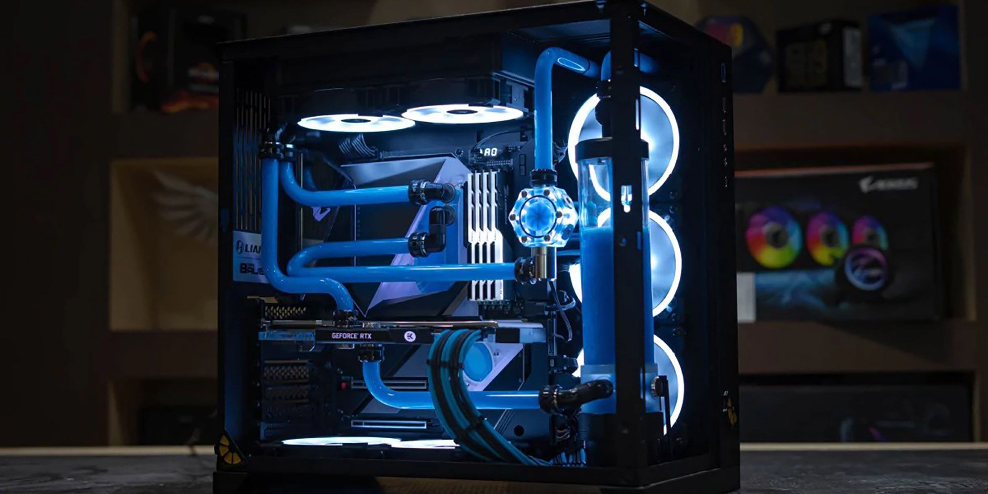 A custom PC with water cooling and blue lights