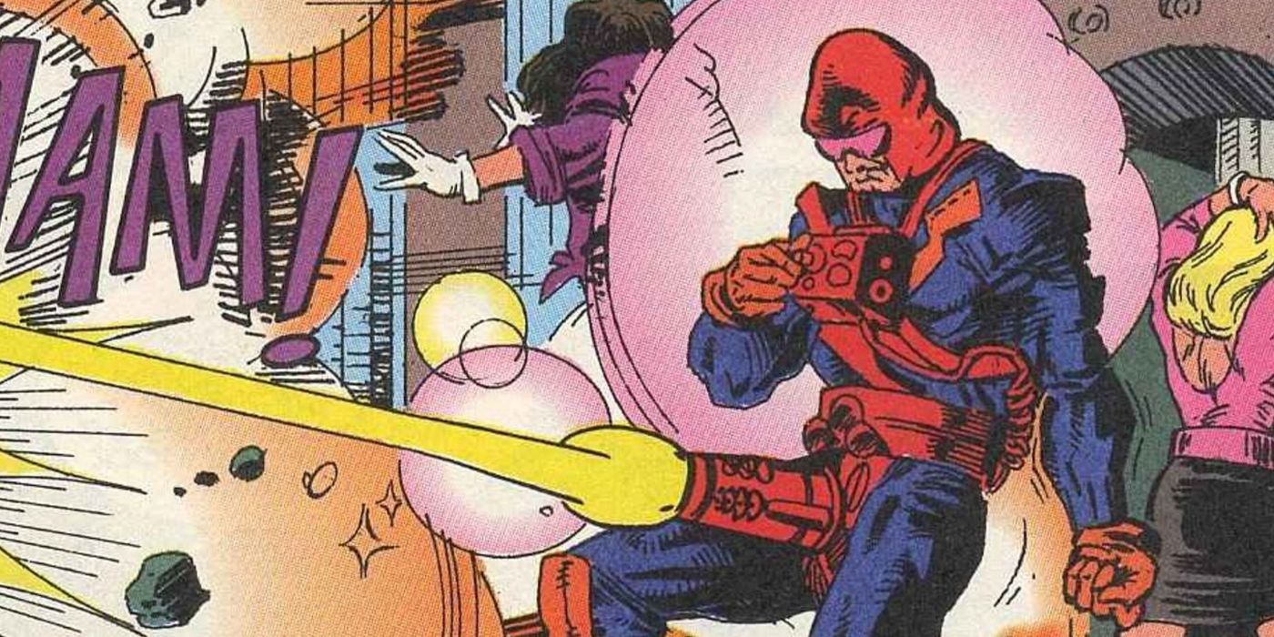 The DC Comics villain Codpiece firing his codpiece cannon.