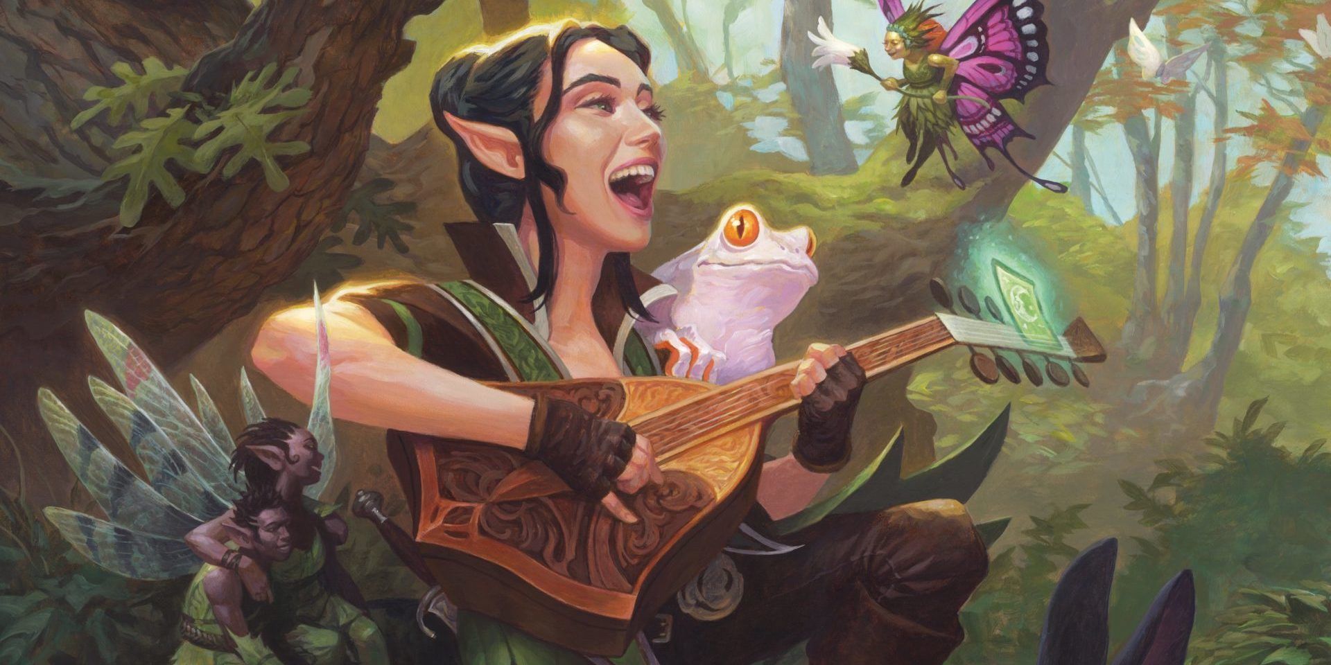 An elven woman with dark hair strumming a lyre as she sits with her albino frog familiar.