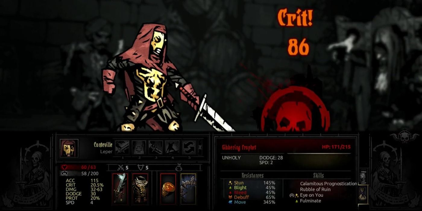 Darkest Dungeon Leper hitting for 86 damage with a critical hit