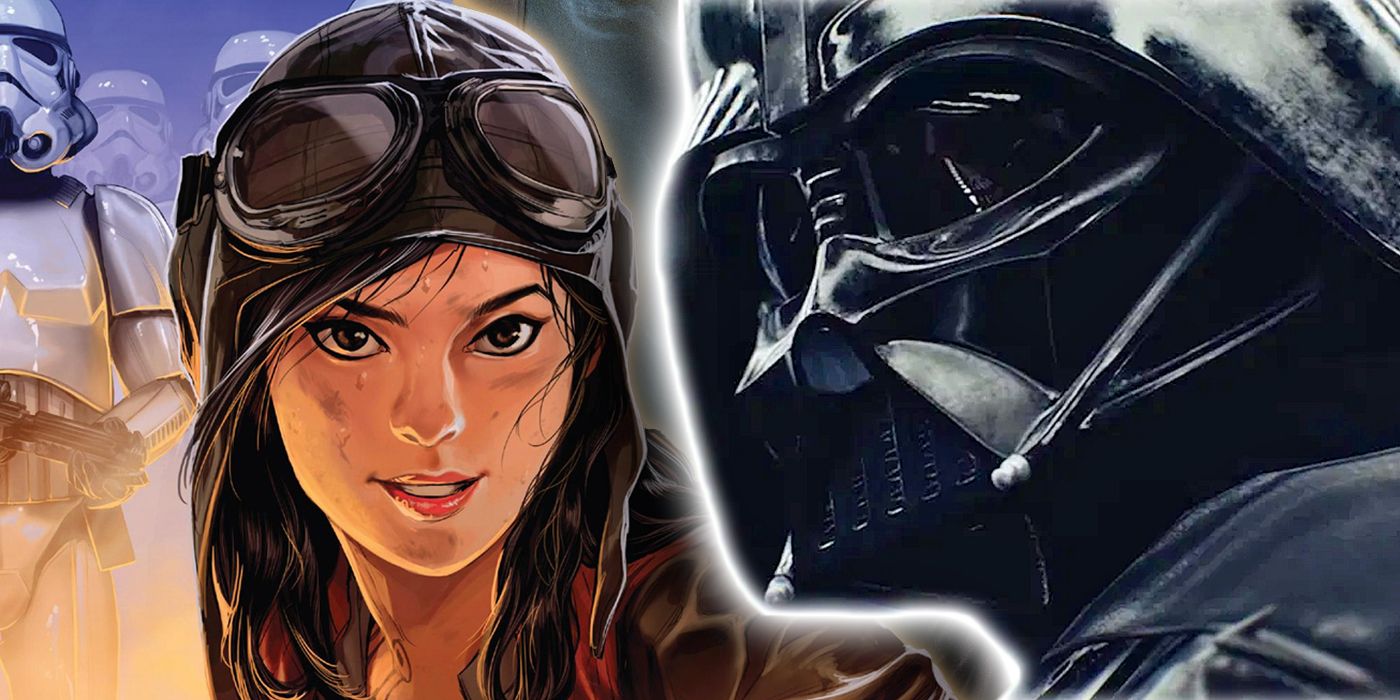 Darth Vader and Doctor Aphra's faces with Stormtroopers in the background