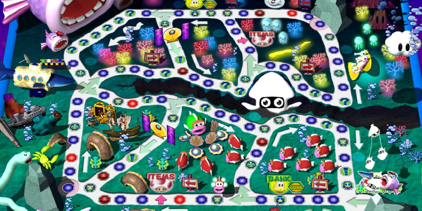 An overview of the Deep Bloober Sea board from Mario Party 3