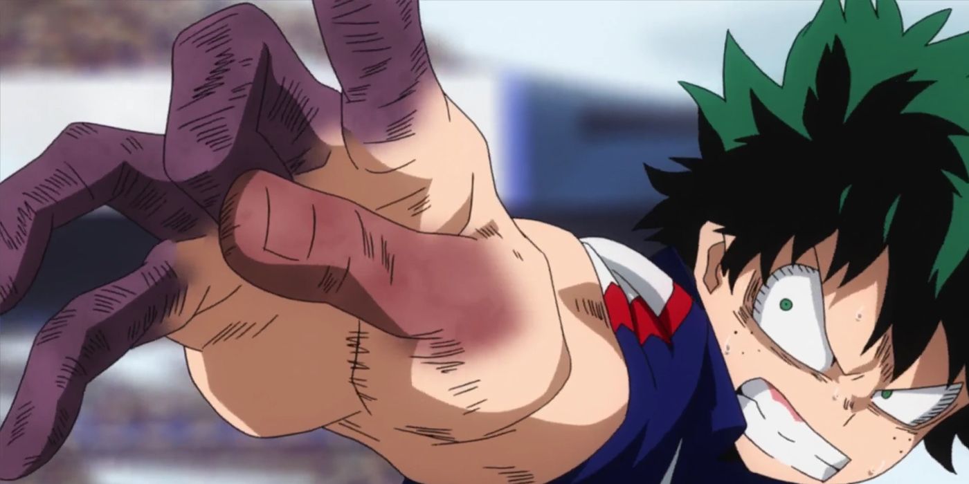 Deku, his fingers bruised and broken, at the My Hero Academia anime's Sport Festival