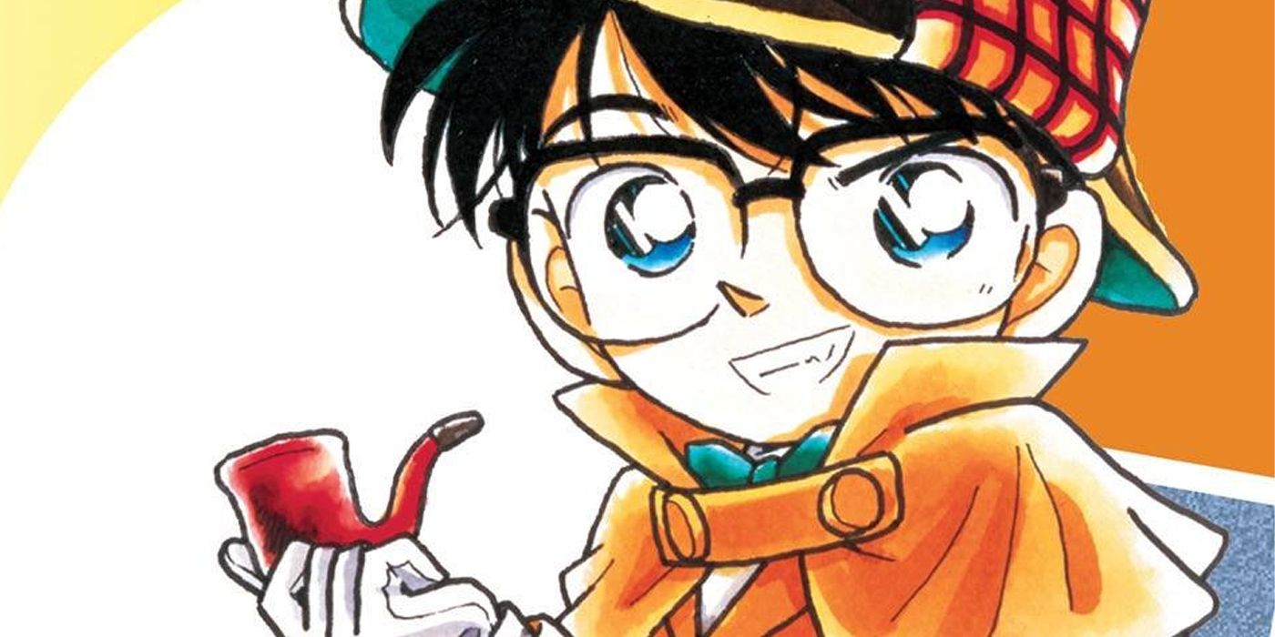 Detective Conan dressed as Sherlock Holmes and holding a pipe on a manga cover