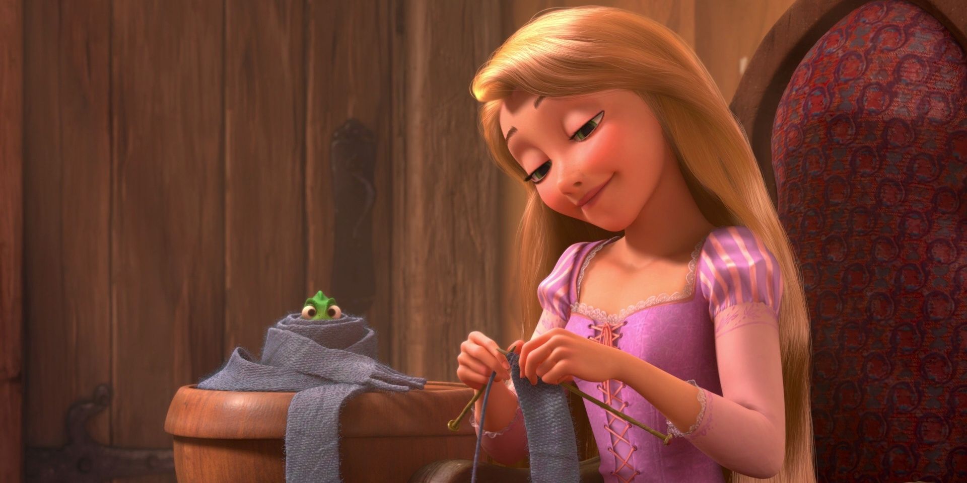 A Tangled still shows Rapunzel knitting the end of a scarf which Pascal is wearing while in the tower
