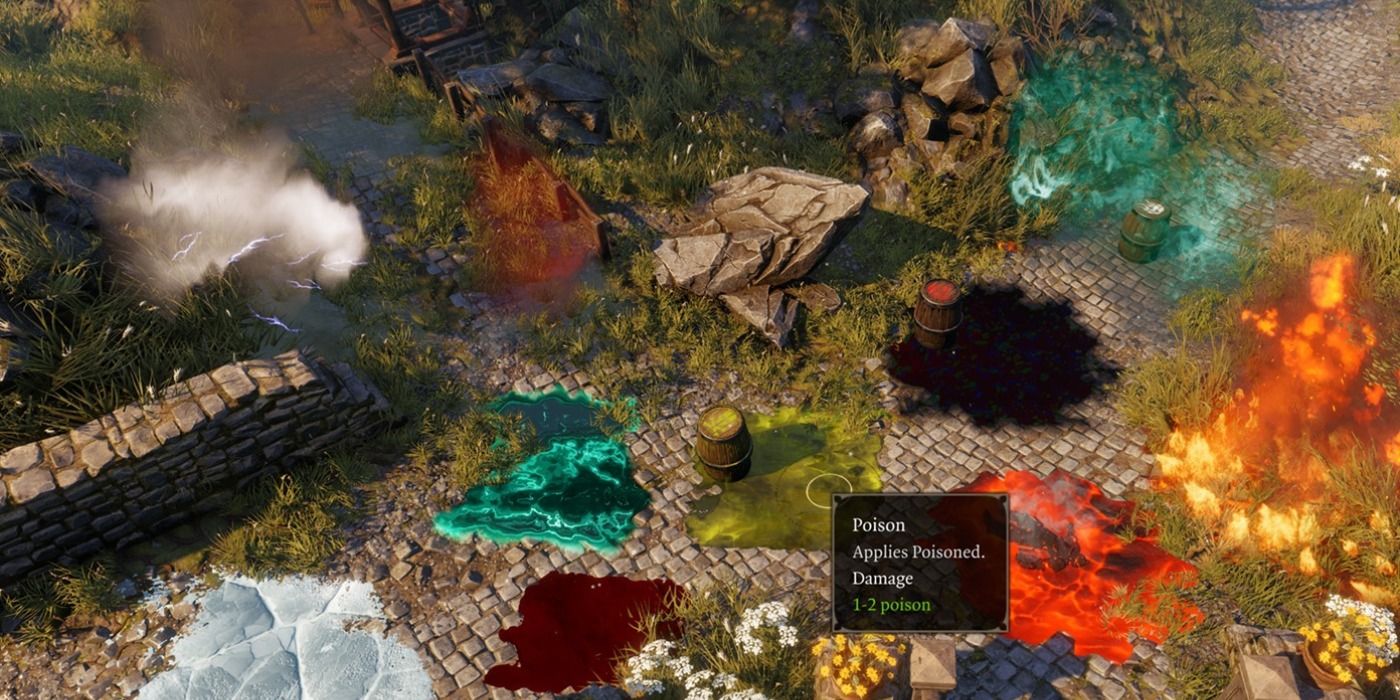 A collection of elemental puddles in Divinity 2 Original Sin