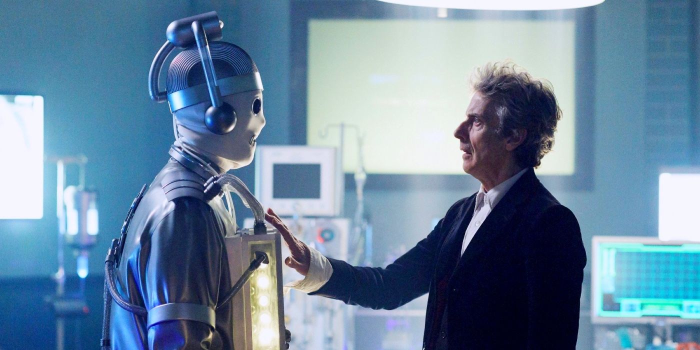The Twelfth Doctor, played by Peter Capaldi, meets the Cyberman that is Bill Potts on Doctor Who.