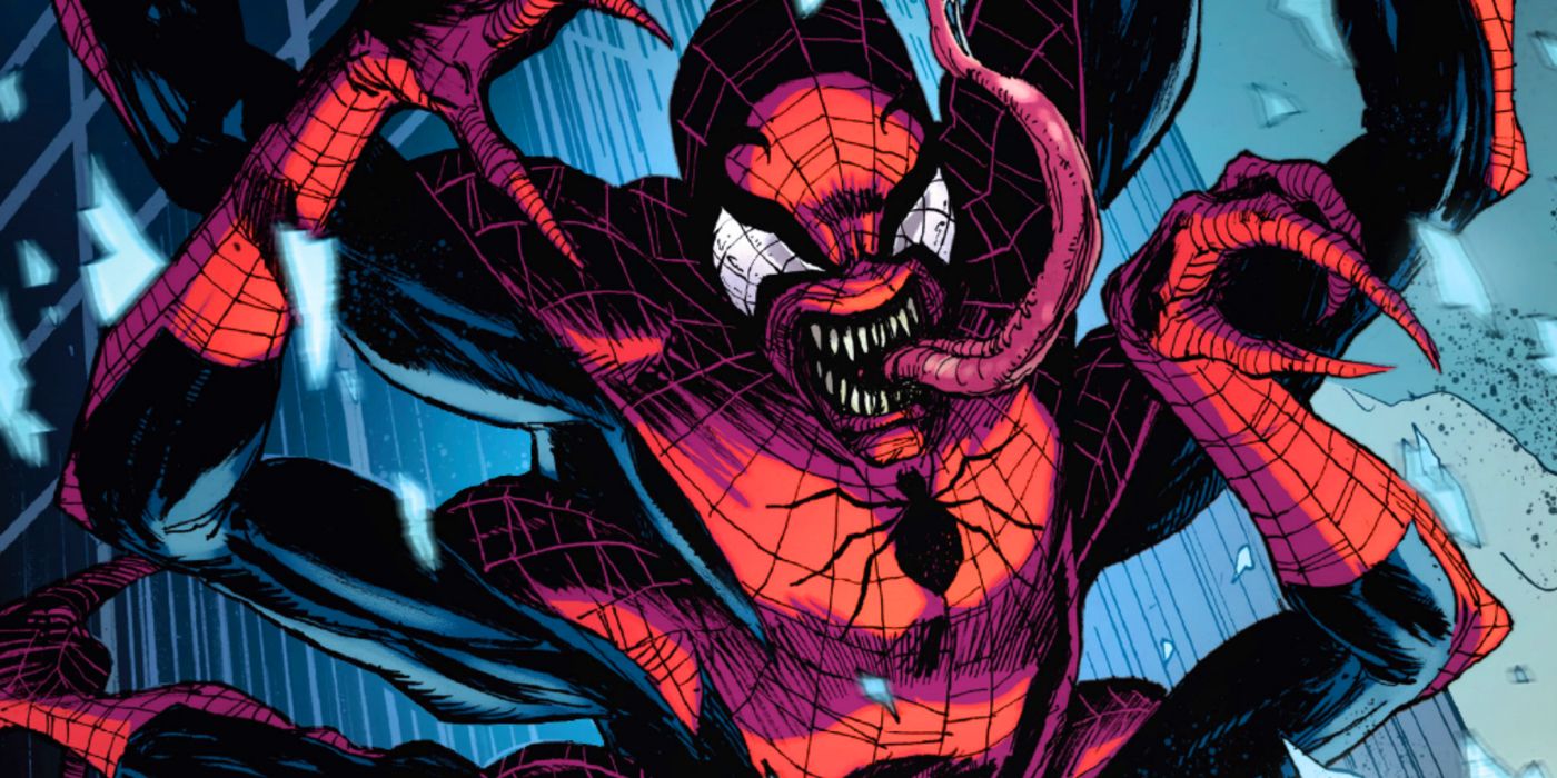 Doppelganger Spider-Man leaps down from above in Marvel Comics