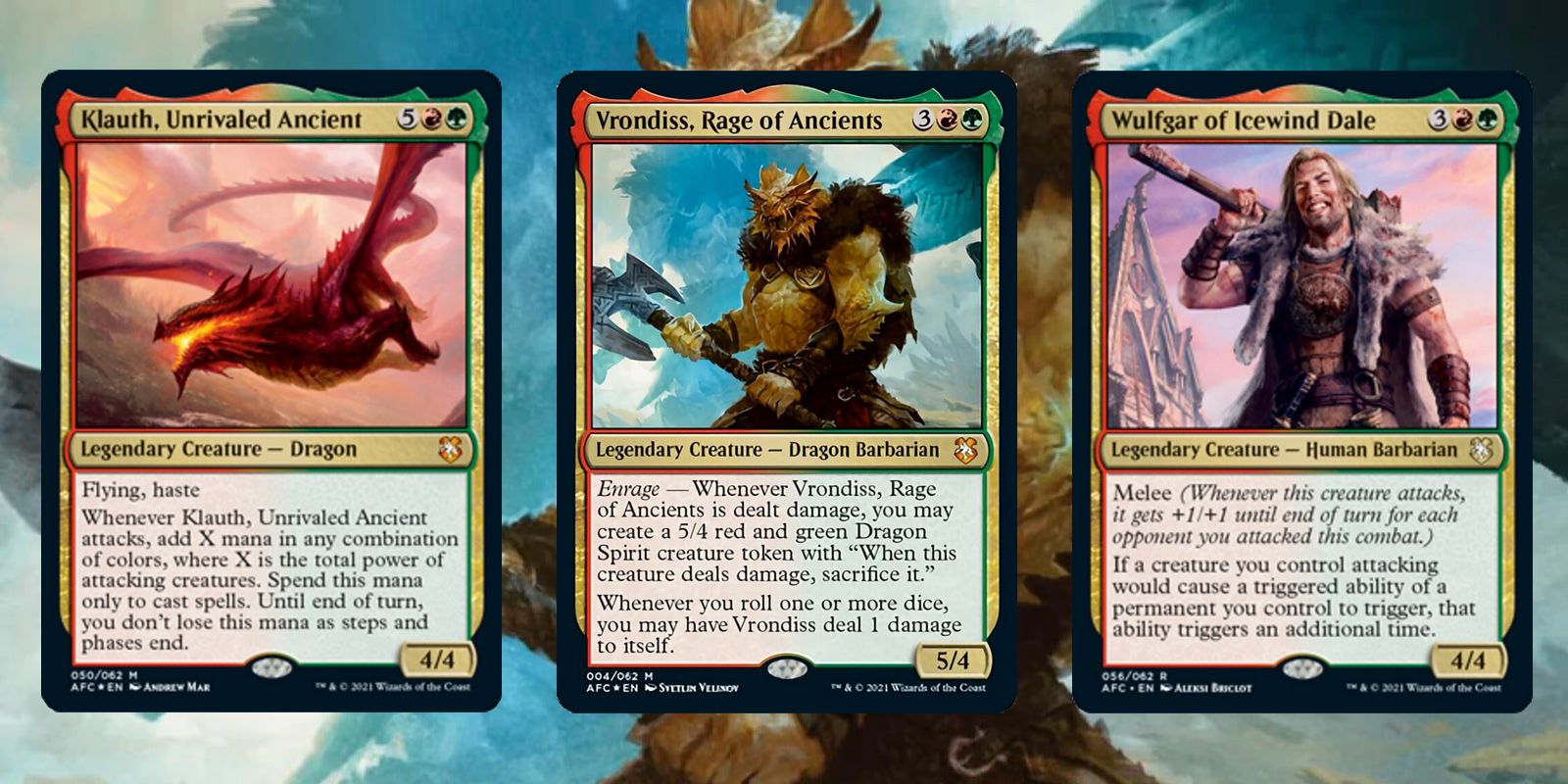 Three Magic: The Gathering cards: Klauth, Unrivaled Ancient, Vrondiss Rage of Ancients and Wulfgar of Icewind Dale.