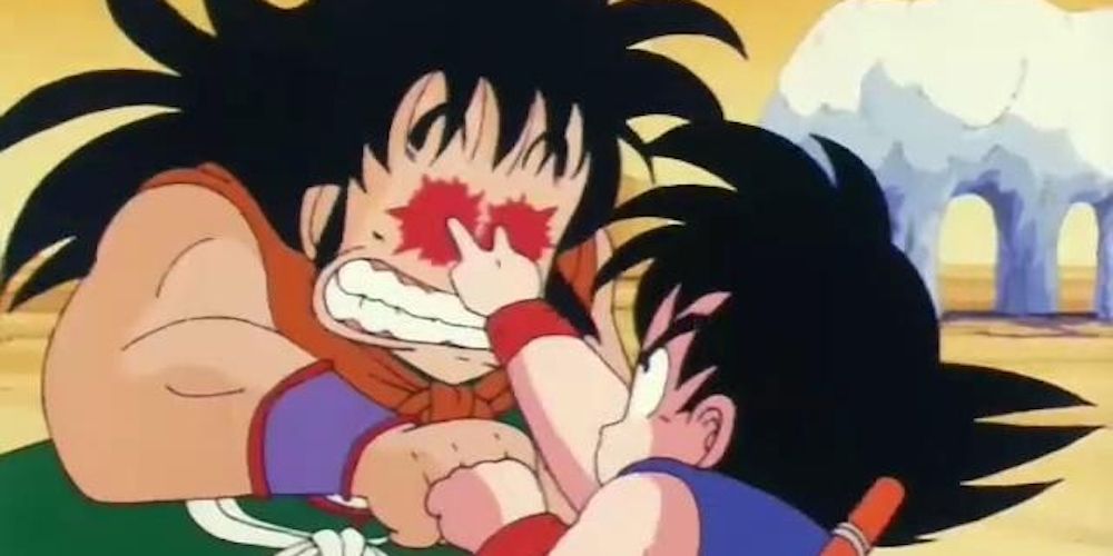 Goku uses his Rock, Scissors 'N' Paper attack on Yamcha in Dragon Ball