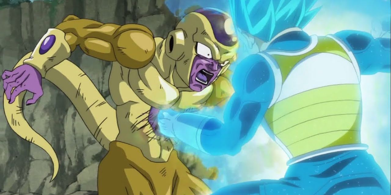 Super Saiyan Blue Vegeta punches Golden Frieza in Dragon Ball Super