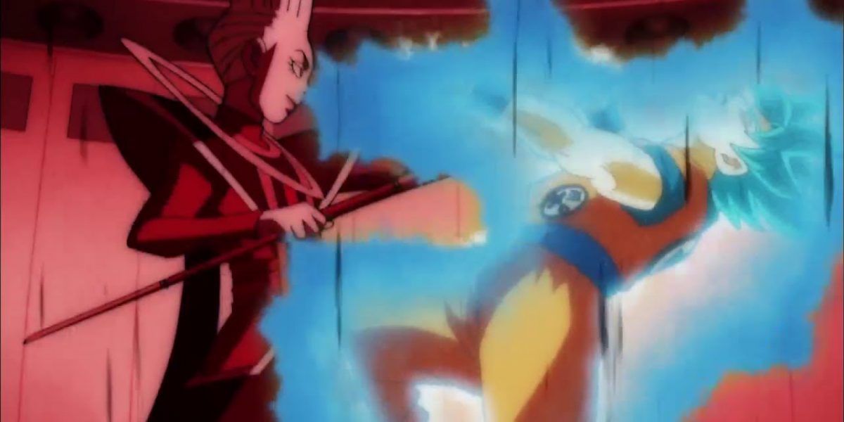 Whis overwhelms Super Saiyan Blue Goku in Dragon Ball Super