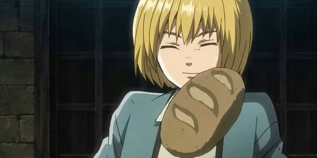 Eren throws bread at Armin in AOT