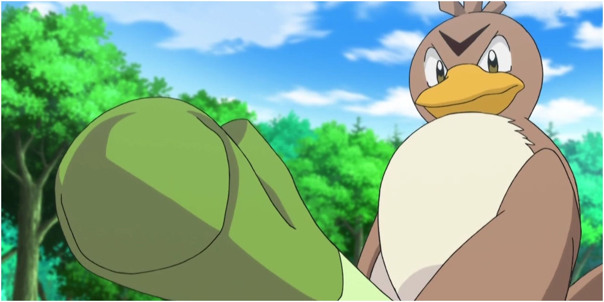 A Farfetch'd wielding a leek in the Pokemon anime