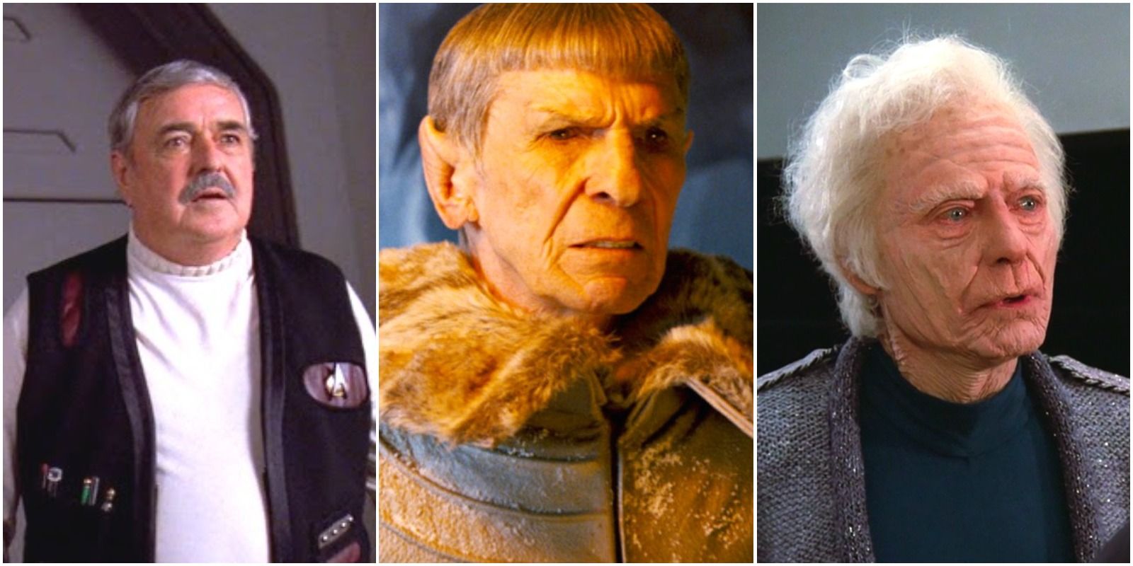 Older versions of Spock, Bones, and Scotty from TNG and the JJ-Trek Reboots