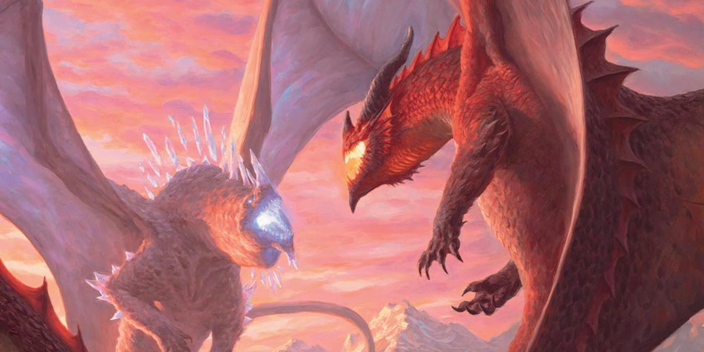 Red and diamond dragons facing off on the cover of Fizban's Treasury of Dragons DnD 5e