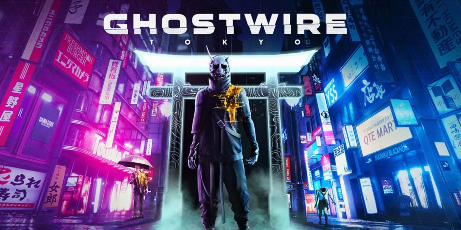 A masked demon standing amongst neon lights in Ghostwire: Tokyo