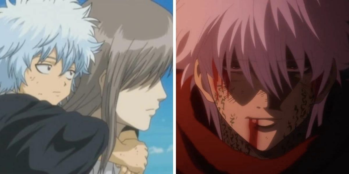 Left image features a child Gintoki and Shoyo; right image features a bloody Gintoki