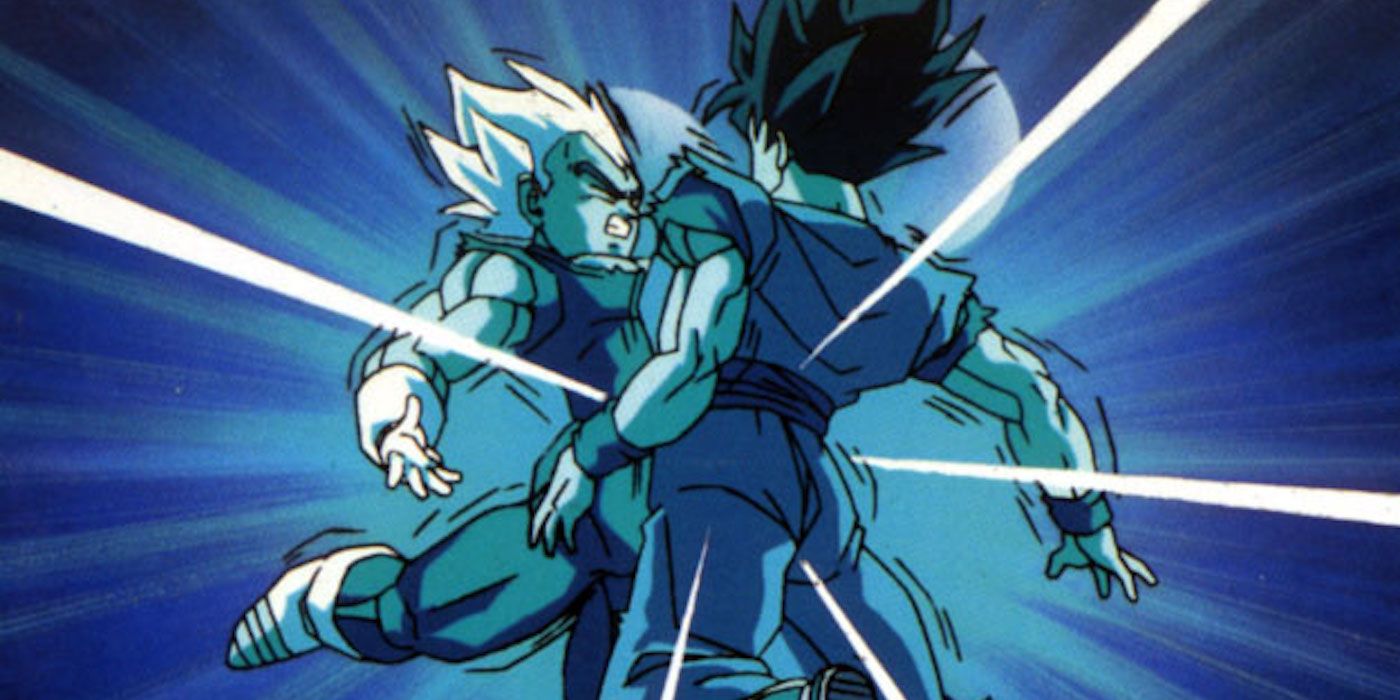 Goku and Vegeta fuse using Potara Earrings in Dragon Ball Z.